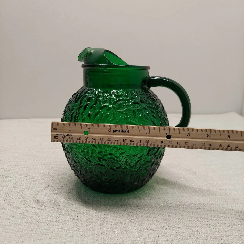 Vtg Anchor Hocking Lido Milano Forest Emerald Green Crinkle Ball Pitcher Ice Lip
